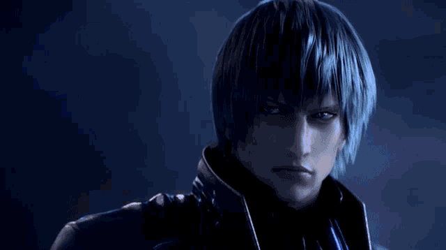 a man with blue hair and a black jacket
