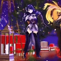 a cartoon character is standing in front of a christmas tree with gifts .