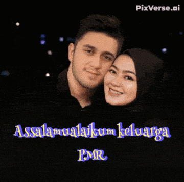 a man and a woman are looking at each other with the words assalamualaikum keluarga pvr