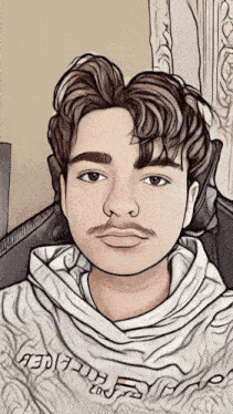 a cartoon drawing of a man with a mustache and a sweater that says ' aed ' on it