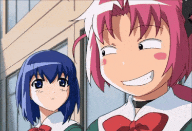 two anime girls with blue hair and pink hair are smiling