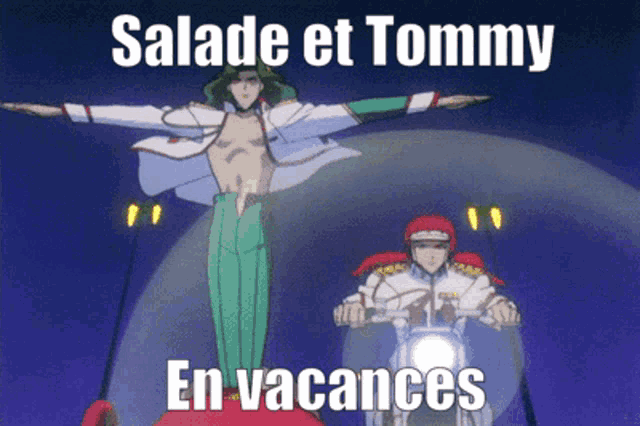 a poster with a man on a motorcycle and the words " salade et tommy en vacances "