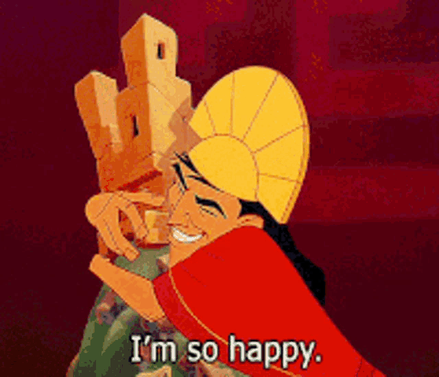 a cartoon character says i 'm so happy while hugging another character