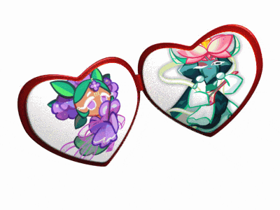 a pair of heart shaped glasses with a picture of a cookie and a raccoon