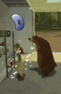 a cartoon bear standing next to a girl with a blue bean with the letter x on it
