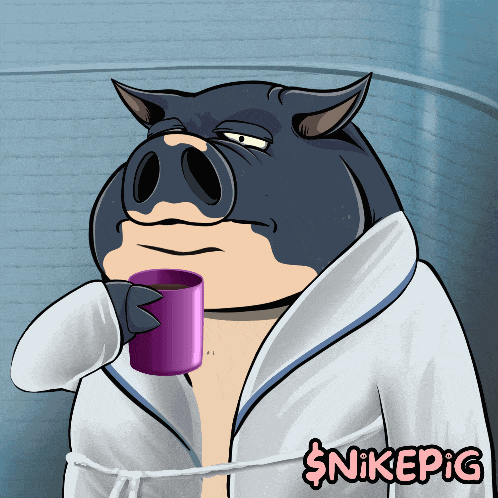 a cartoon of a pig drinking from a purple cup with nikepig written on the bottom right