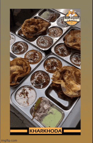 a bunch of trays of food with the words kharkhoda on the bottom