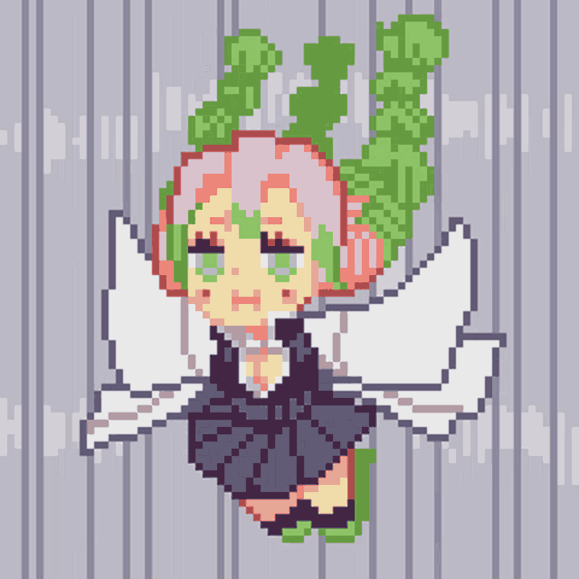 a pixel art of a girl with pink hair and green wings