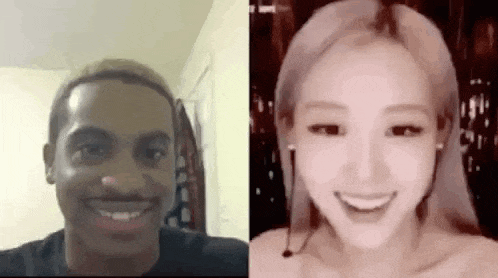 a man and a woman are smiling at each other while having a video call .
