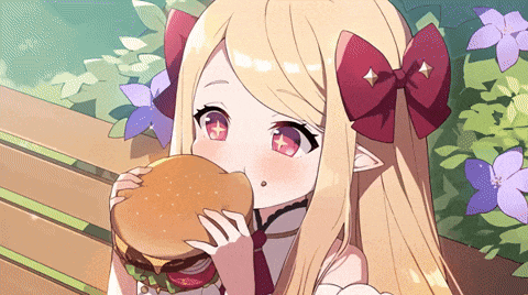 a girl with long blonde hair is eating a hamburger with purple flowers in the background