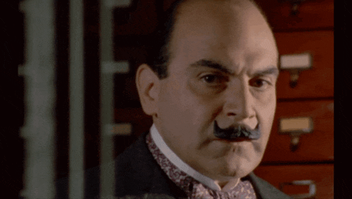 a man with a mustache looks at the camera