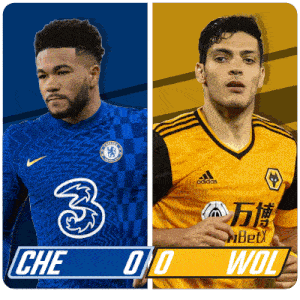 two soccer players one from chelsea and one from wolves are shown on a scoreboard