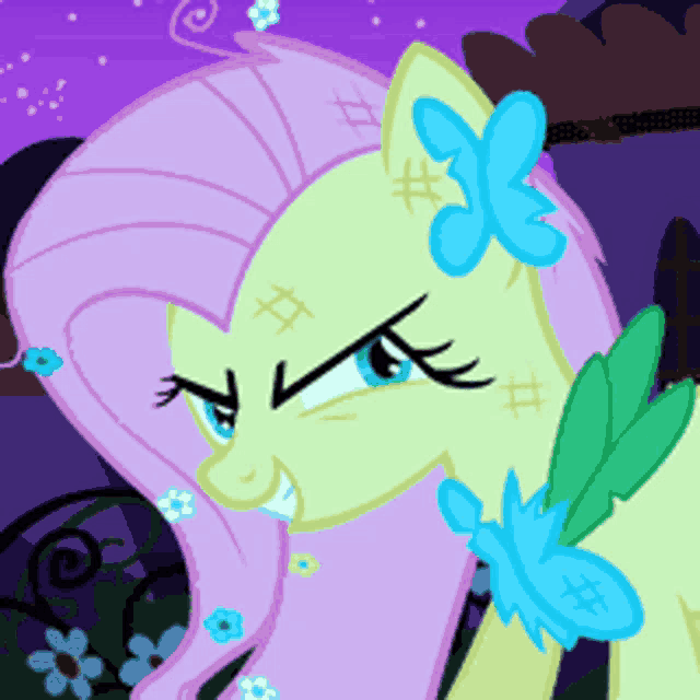 a cartoon of a pony with a butterfly in her hair