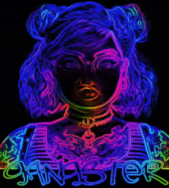 a neon painting of a woman with the word gangster written below her