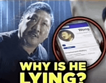 a man is looking at a cell phone with the words " why is he lying " on the bottom
