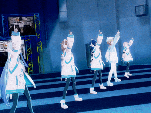 a group of anime characters are dancing on a stage with their arms in the air