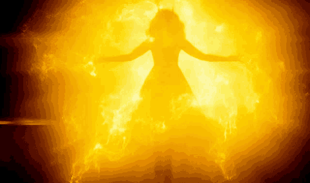 a silhouette of a woman is surrounded by fire