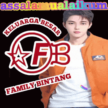 a young man in an orange jacket is standing in front of a logo for keluarga besar fb family bintang