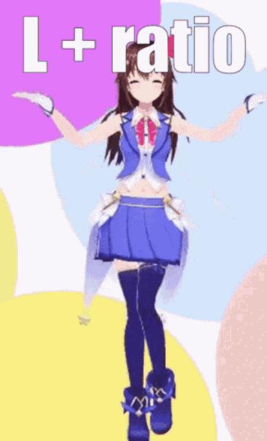 a girl in a blue dress is dancing with the words l + ratio written above her