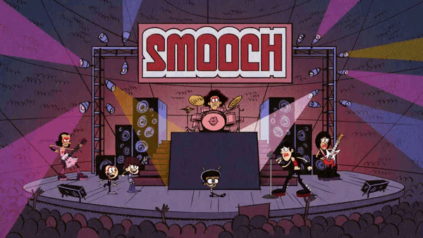 a group of cartoon characters on a stage under a smooch banner