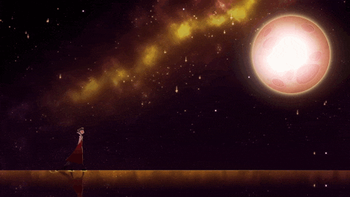 a woman in a red dress is standing in front of a glowing planet