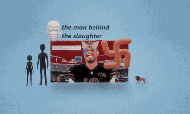 a picture of a man with pig ears and the words " the man behind the slaughter " behind him