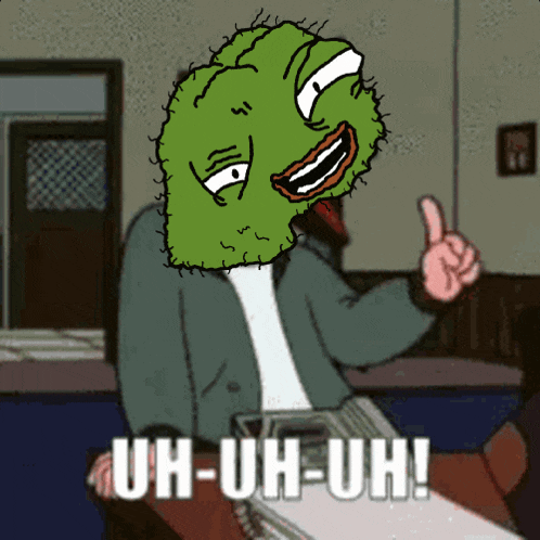 a cartoon of a man giving a thumbs up with uh-uh-uh written below him