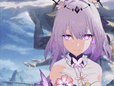 a girl with purple hair and a butterfly on her chest