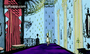 a cartoon of alice in wonderland walking through a room