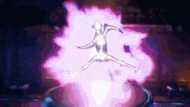 a silhouette of a person jumping in the air is surrounded by purple smoke