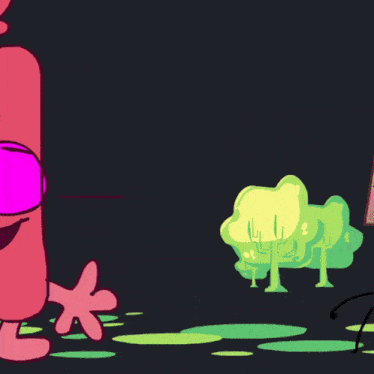 a cartoon drawing of a frog with pink eyes