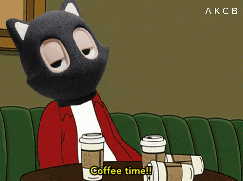 a cartoon of a cat sitting at a table with coffee cups and the words coffee time