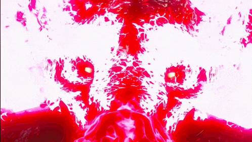 a close up of a red and white painting with a skull in the middle .