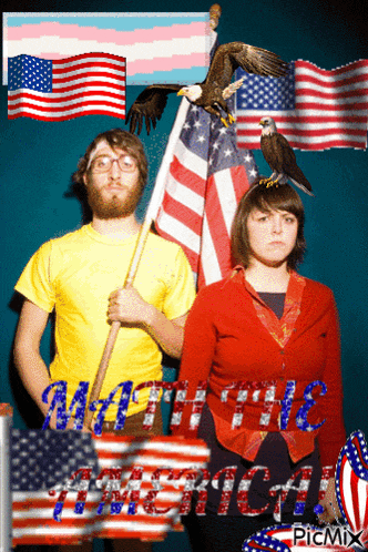 a picture of a man and a woman holding an american flag with the words might the american on it