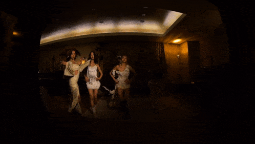 a group of women are dancing in a dark room and one has a white hat on