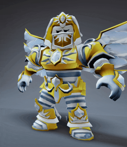 a cartoon character is wearing a white and gold armor