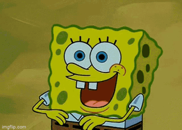 spongebob squarepants is making a funny face with his arms in the air .