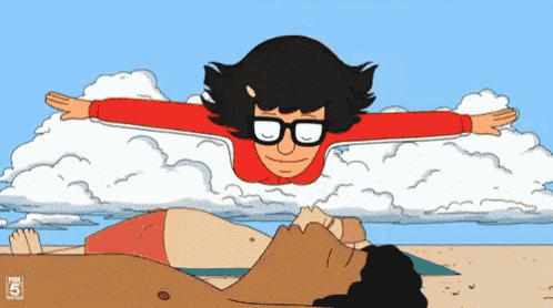 a cartoon of a man laying on a beach with a woman flying over him