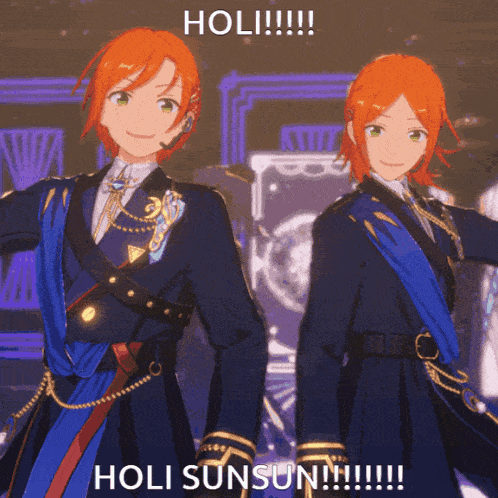 a couple of anime characters standing next to each other with the caption holi sunsun !!!