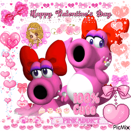 a valentine 's day greeting card with two pink cartoon characters