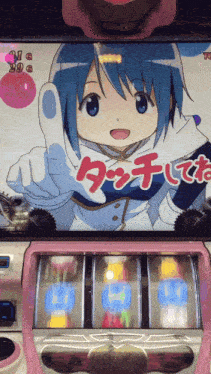 a girl with blue hair is giving a thumbs up sign on a slot machine