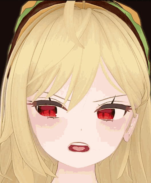 a girl with blonde hair and red eyes is wearing a headband