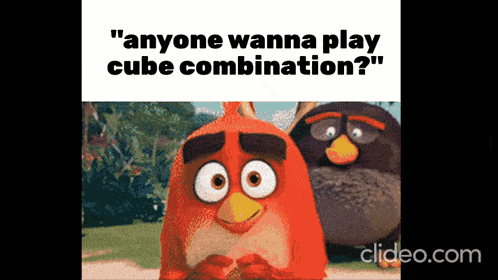 a cartoon of angry birds says " anyone wanna play cube combination ? "