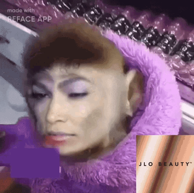 a close up of a person 's face with a jlo beauty advertisement in the background