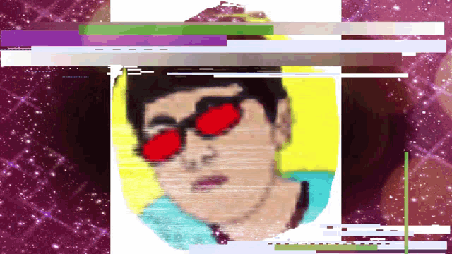 a painting of a man wearing red sunglasses against a purple background