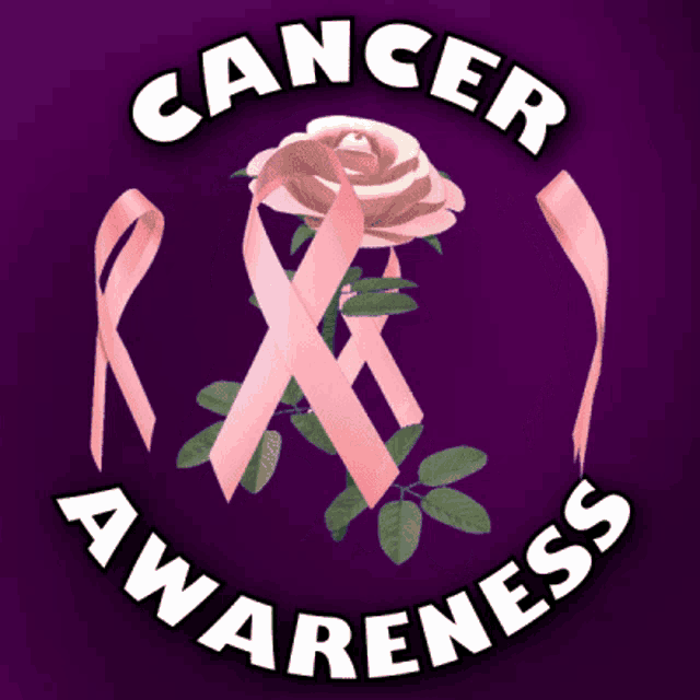 a purple background with pink ribbons and a rose with the words cancer awareness