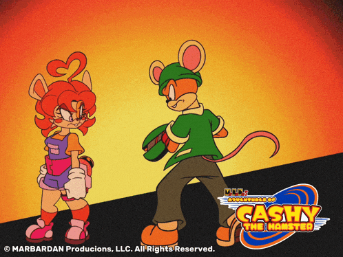 a couple of cartoon characters standing next to each other with the words cashy the monster on the bottom