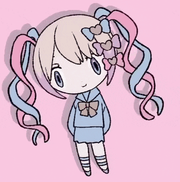 a drawing of a girl with pigtails and hearts in her hair on a pink background