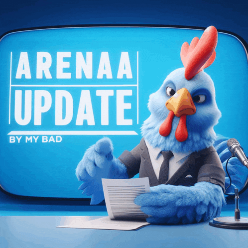 a blue rooster in front of a screen that says arenaa update