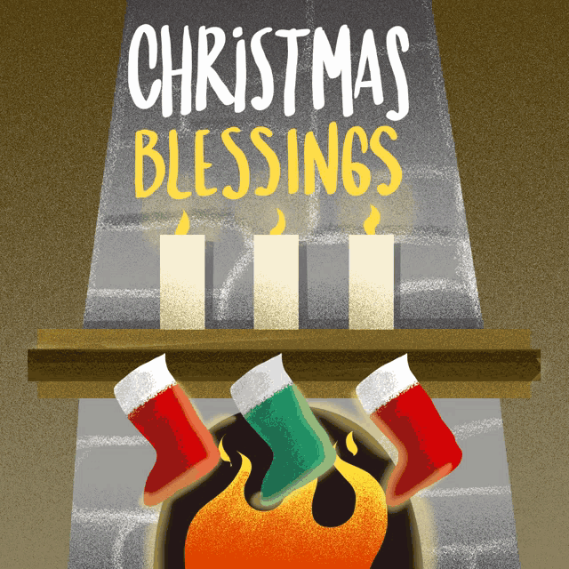 a fireplace with three lit candles and christmas blessings written in yellow